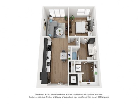 Floor plan for 1 bed, 1 bath, 715 sqft